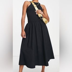 Asos design petite racer front drop waist poplin mix midi dress in black